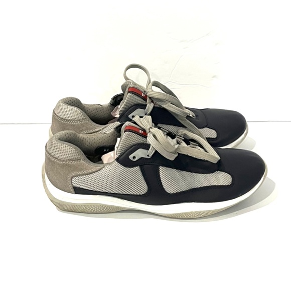 PRADA Men's America's Cup Sneakers Navy Blue with Silver Mesh - Size 8 - Picture 1 of 13
